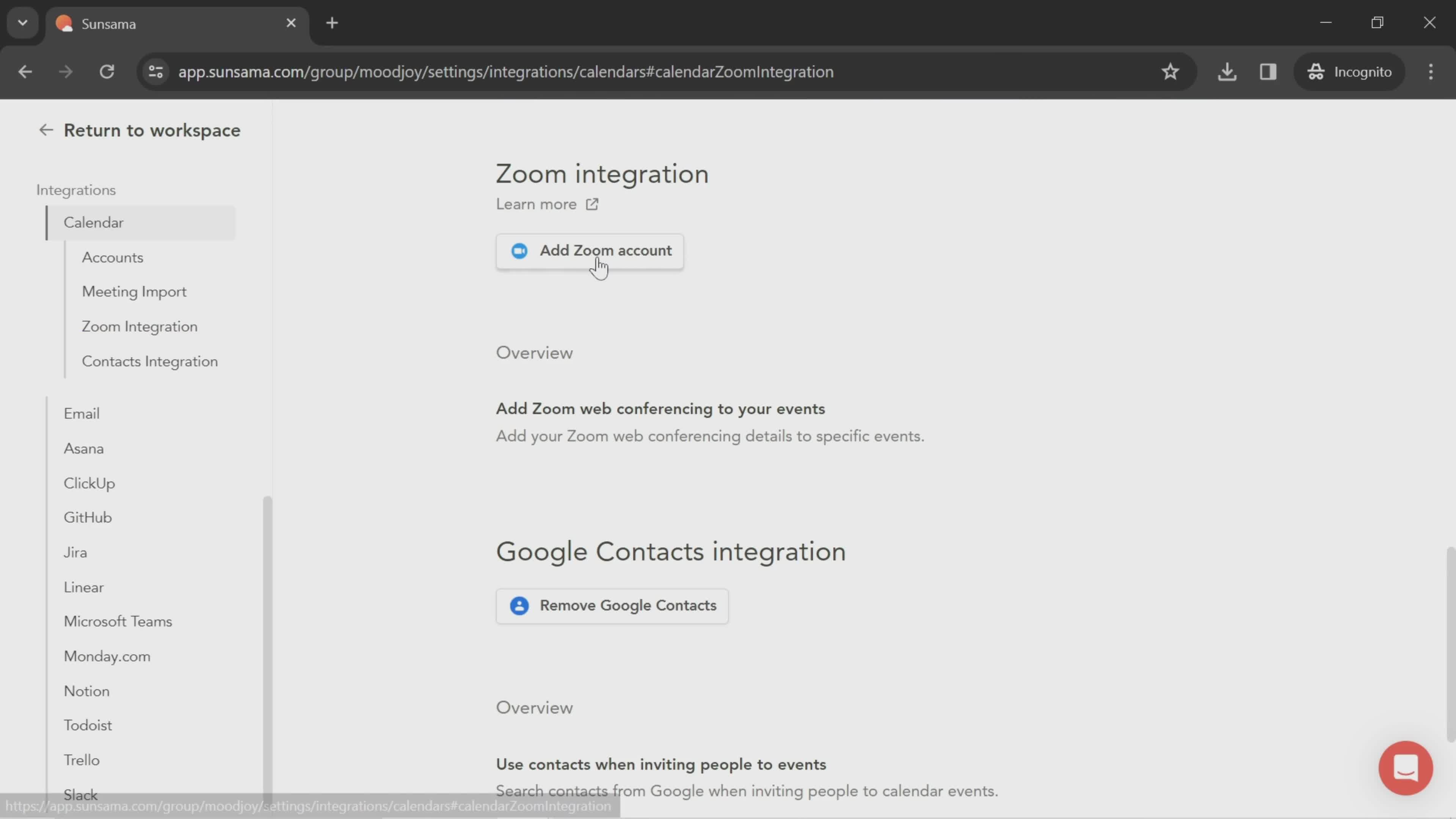 Zoom integration screenshot