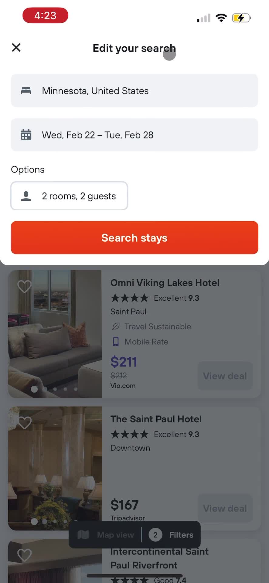 Finding hotels screenshot