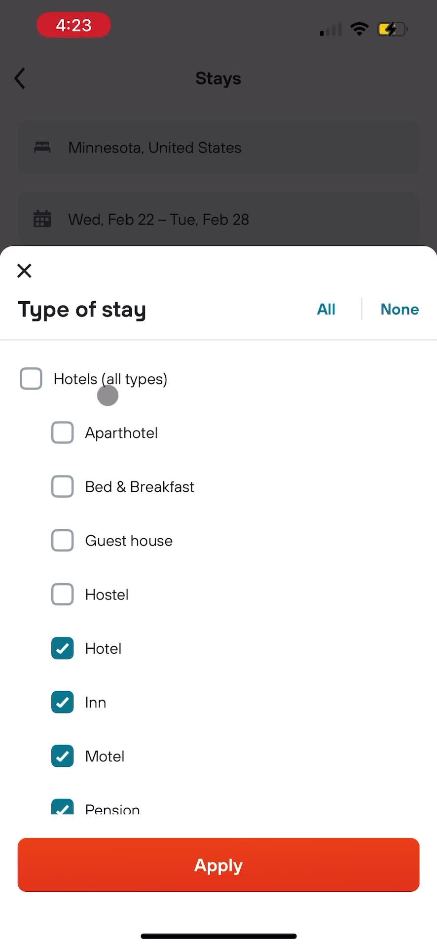 Finding hotels screenshot