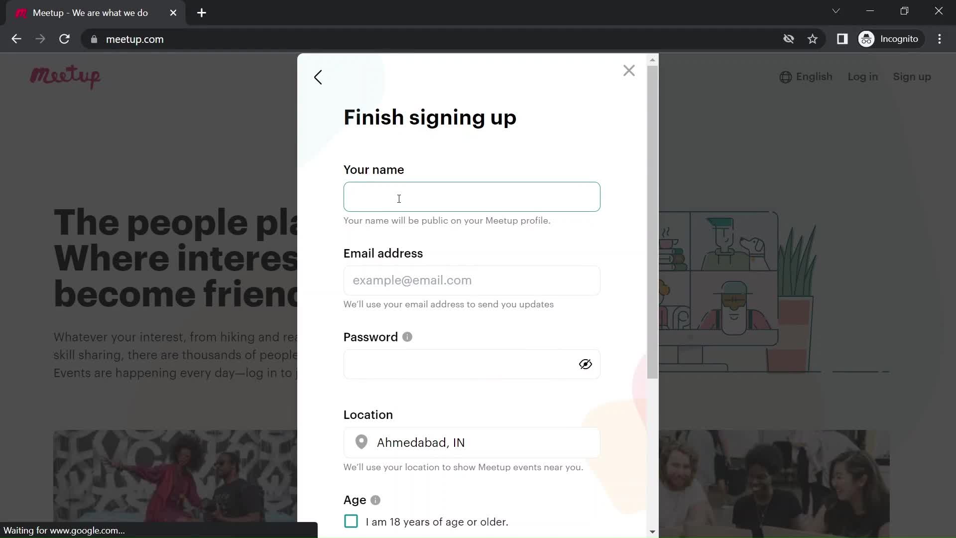 Screenshot of Sign up with email on Onboarding on Meetup user flow