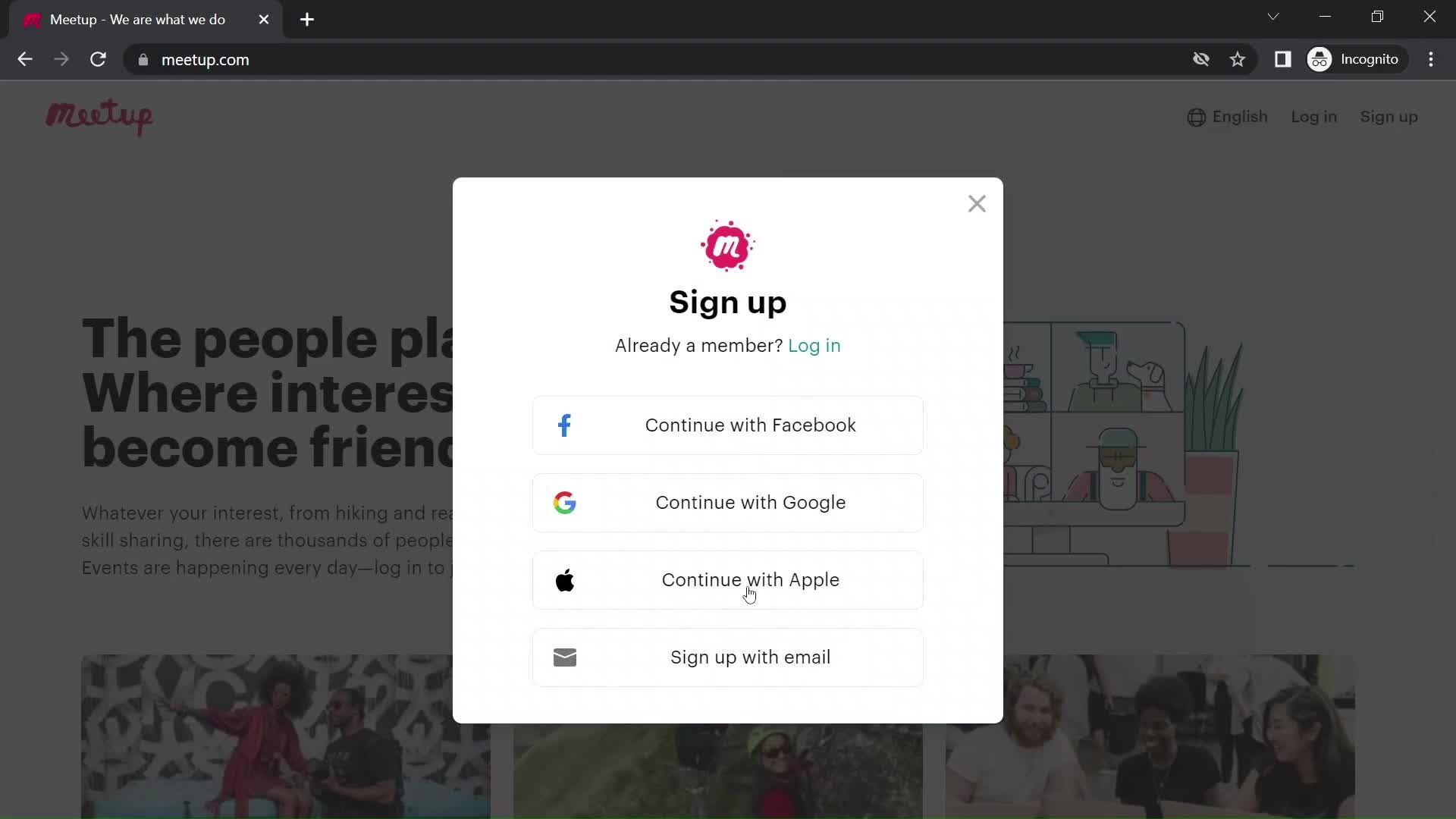 Screenshot of Sign up on Onboarding on Meetup user flow