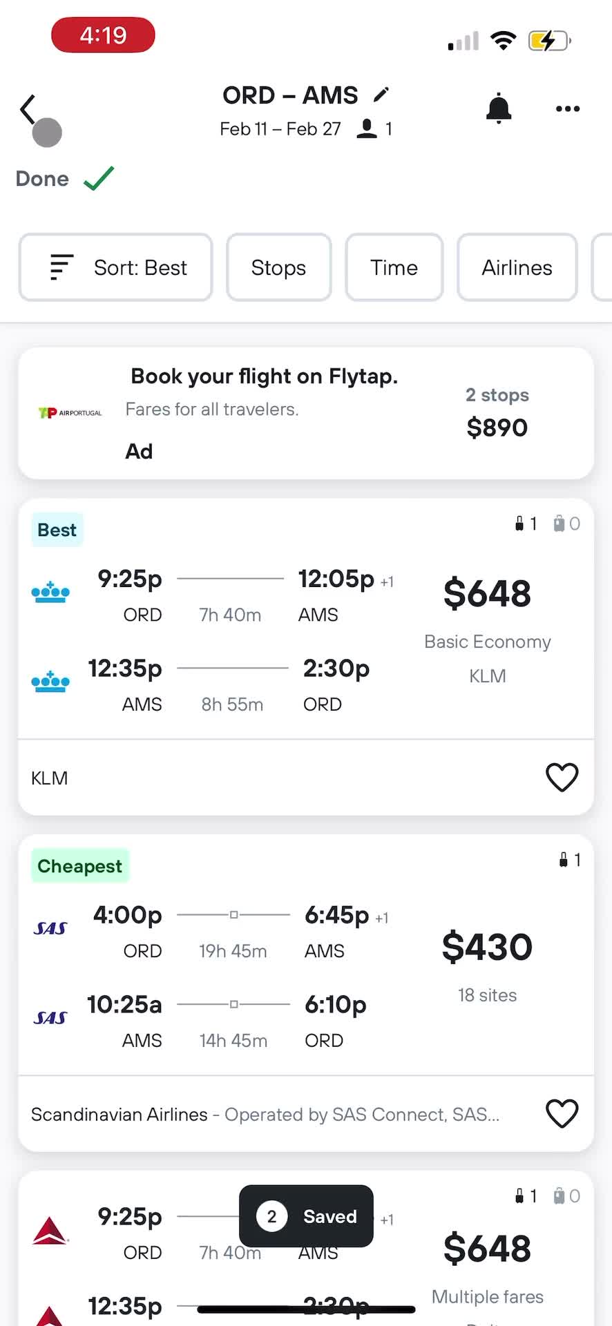 Finding flights screenshot