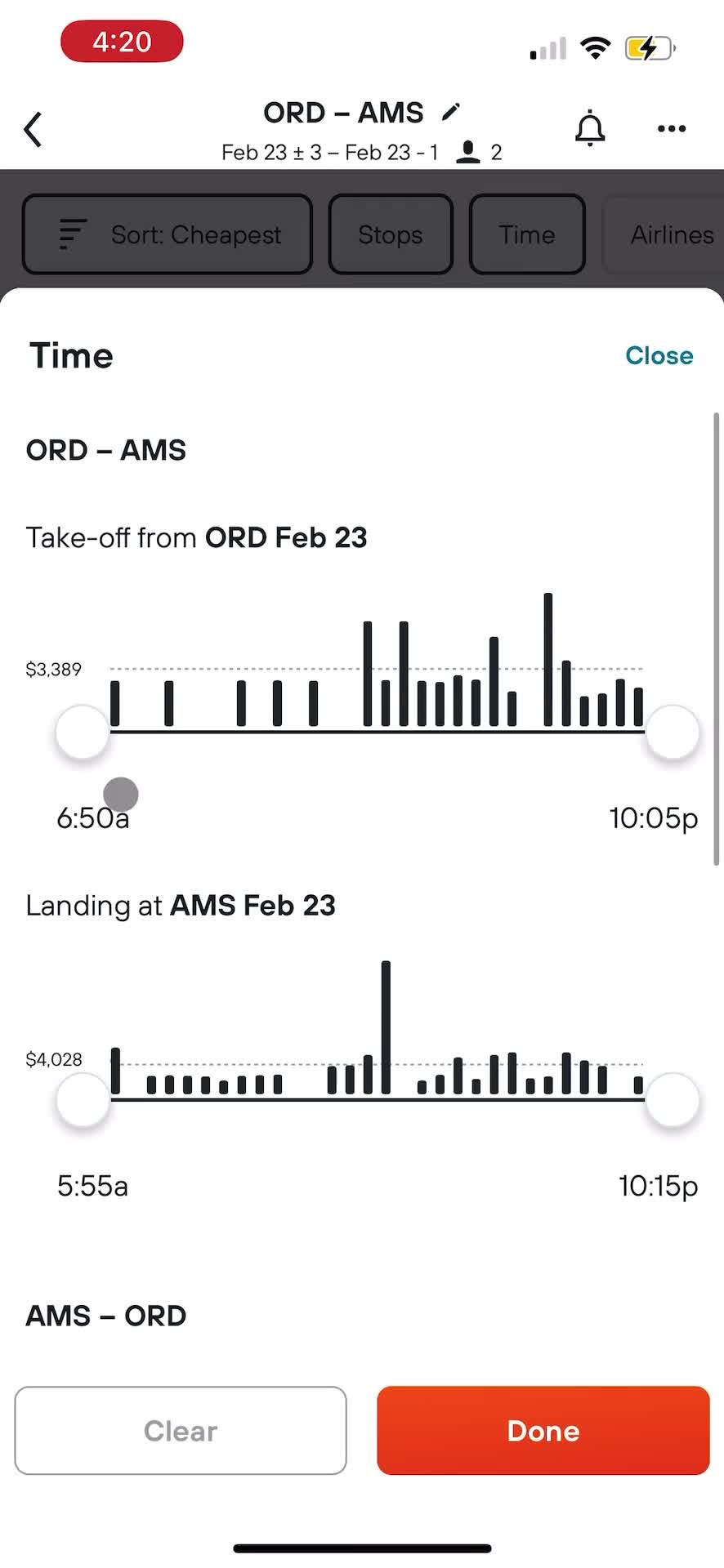 Finding flights screenshot