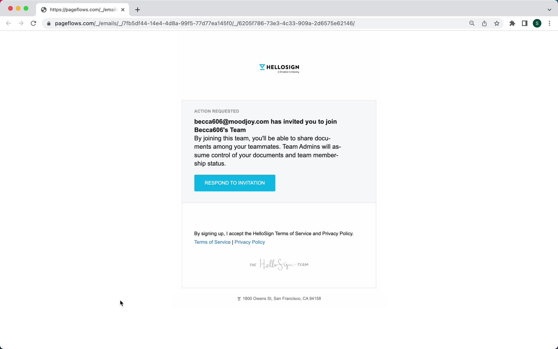 Screenshot of Invite email on Accepting an invite on HelloSign user flow