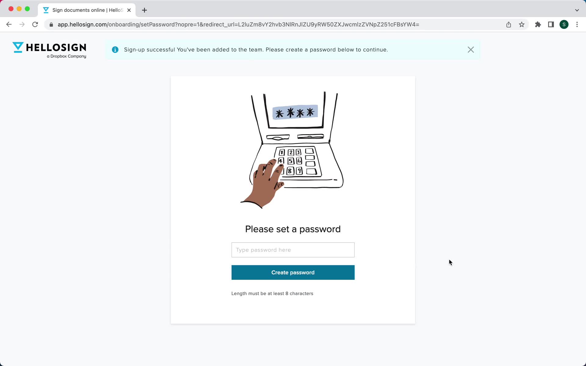 Screenshot of Set password on Accepting an invite on HelloSign user flow