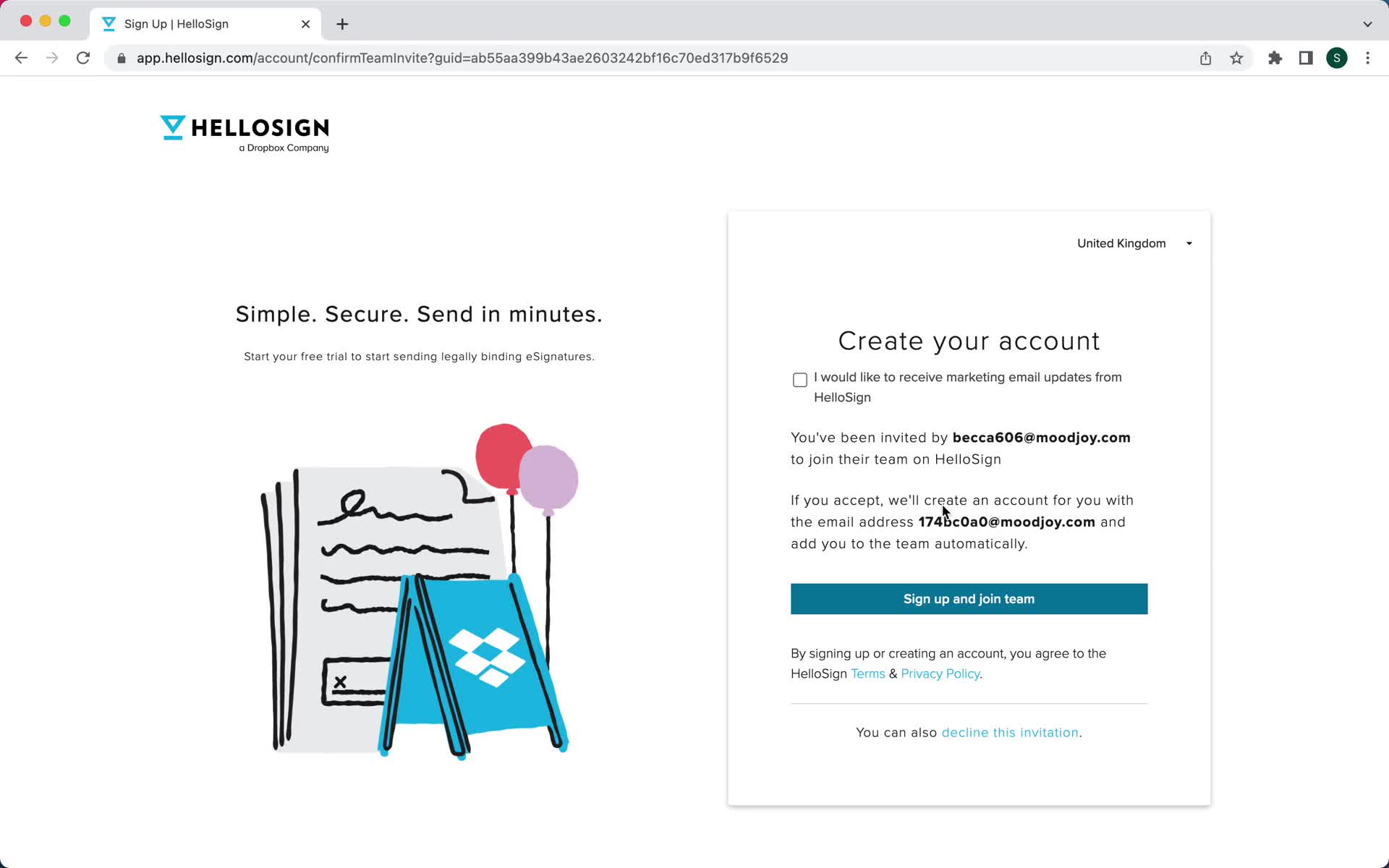 Screenshot of Sign up on Accepting an invite on HelloSign user flow