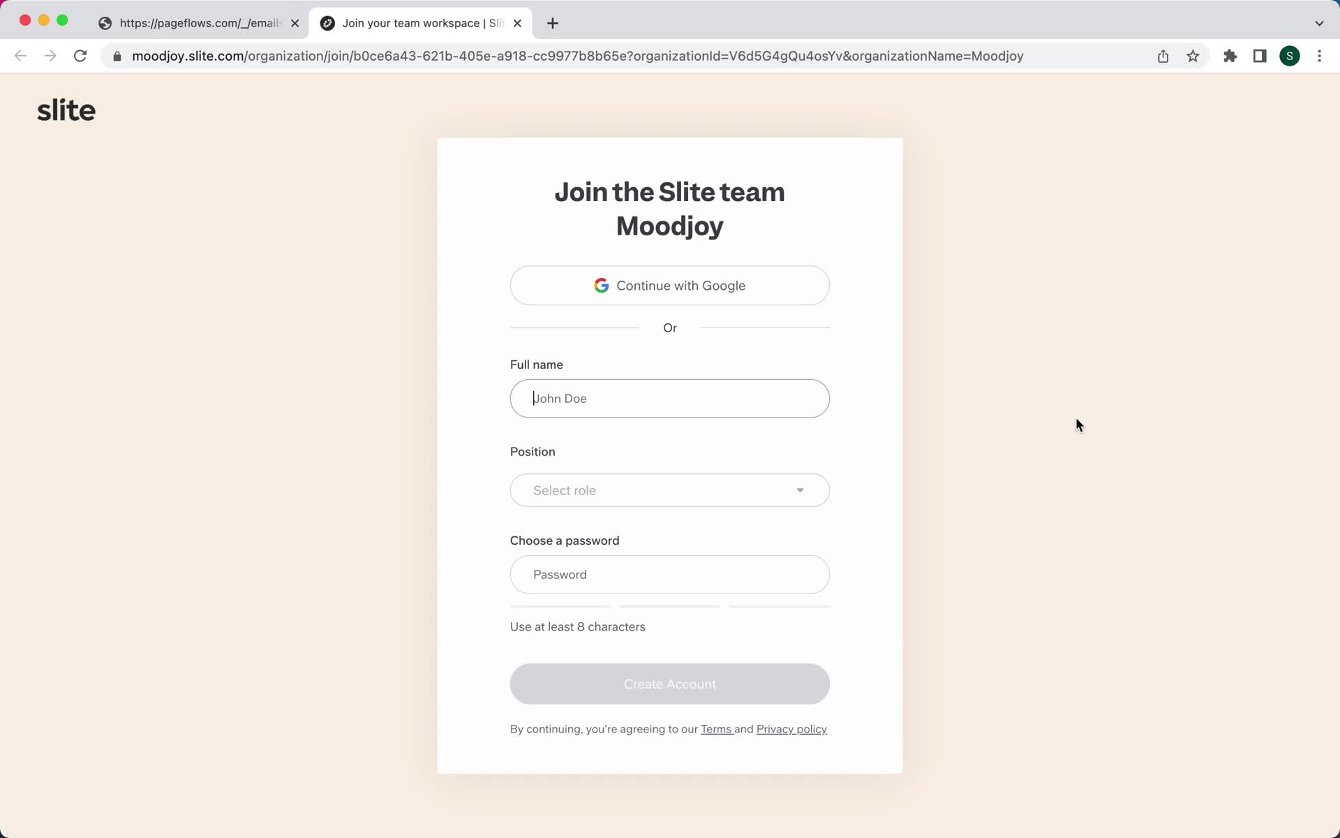 Screenshot of Sign up on Accepting an invite on Slite user flow