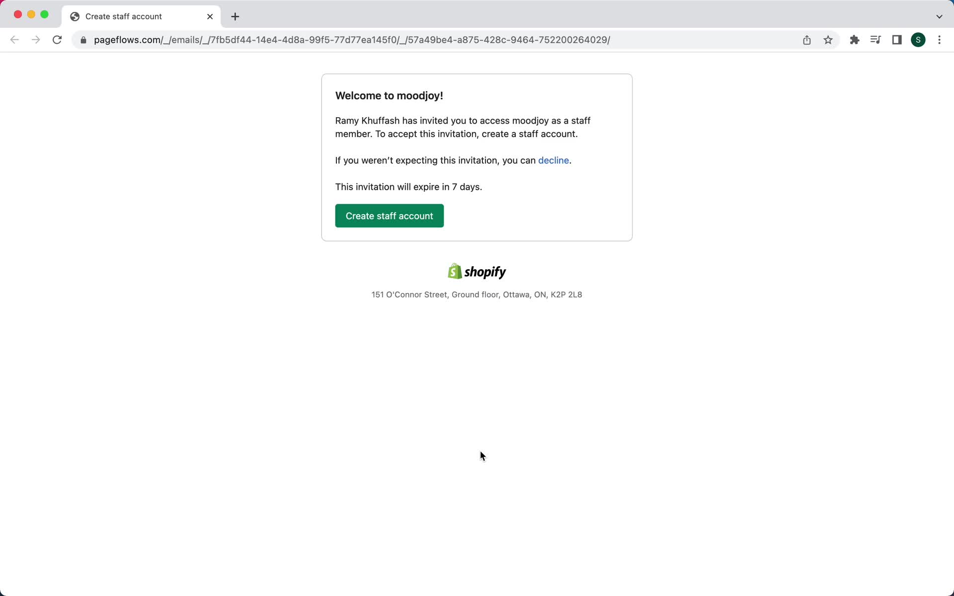 Screenshot of Invite email on Accepting an invite on Shopify user flow