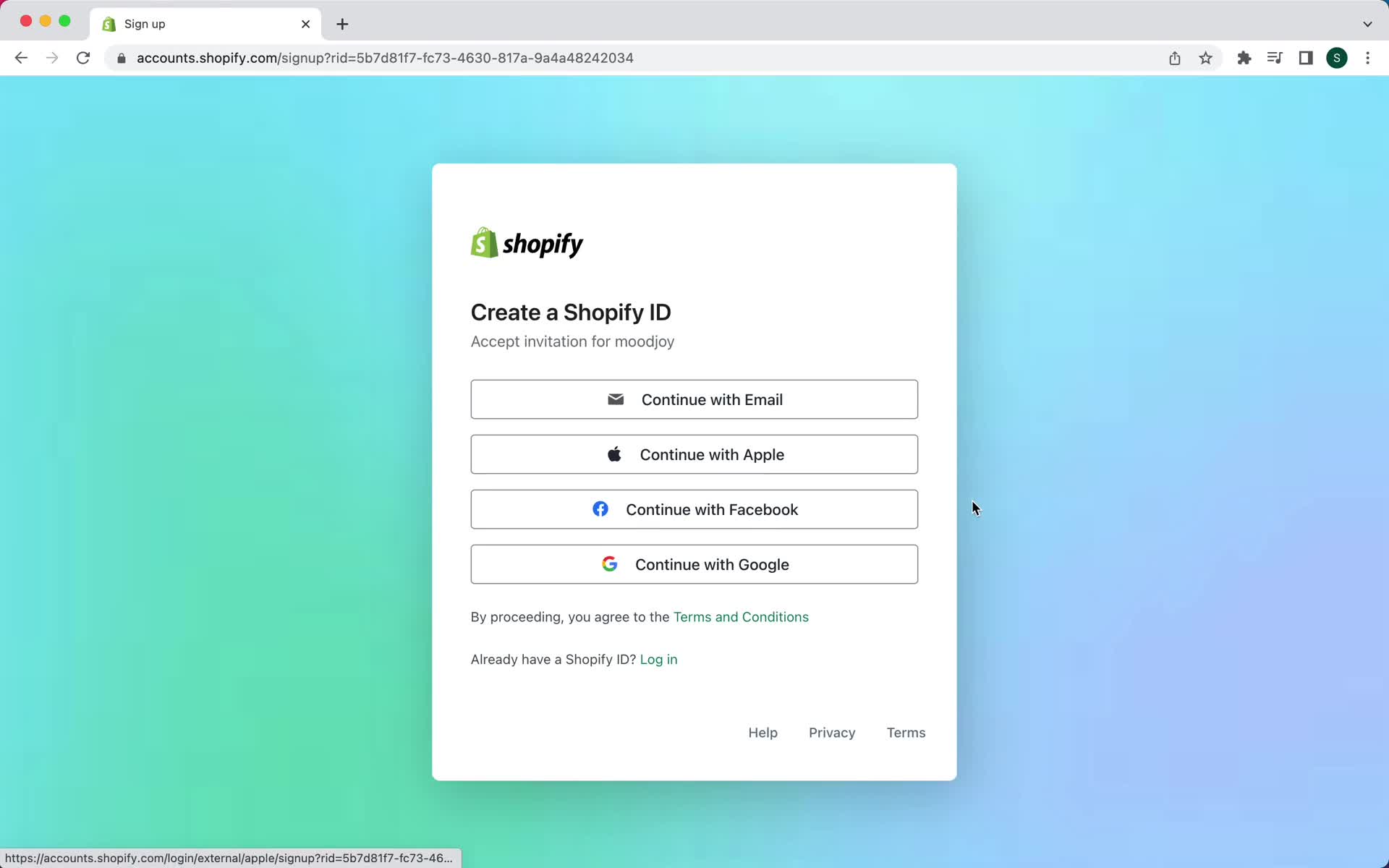 Screenshot of Sign up on Accepting an invite on Shopify user flow