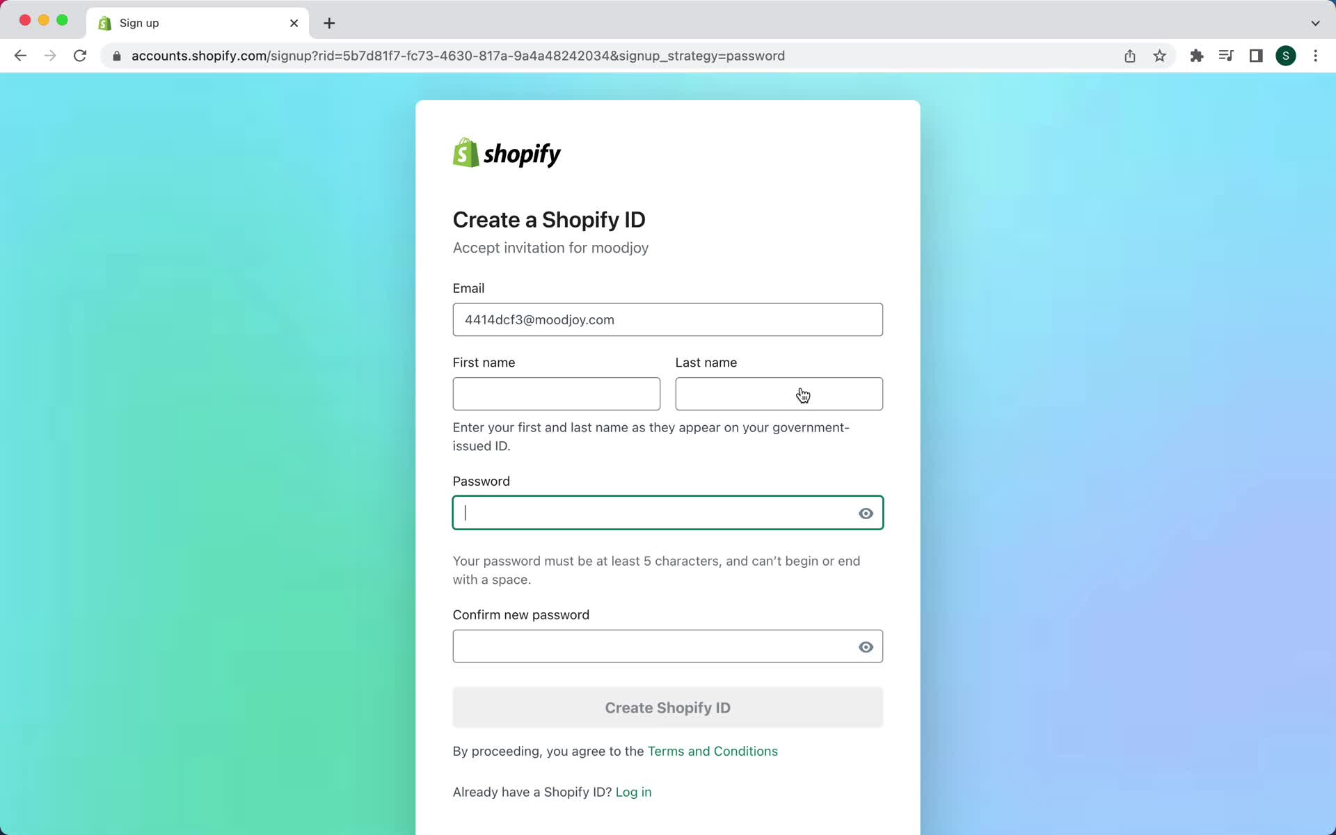 Screenshot of Sign up with email on Accepting an invite on Shopify user flow