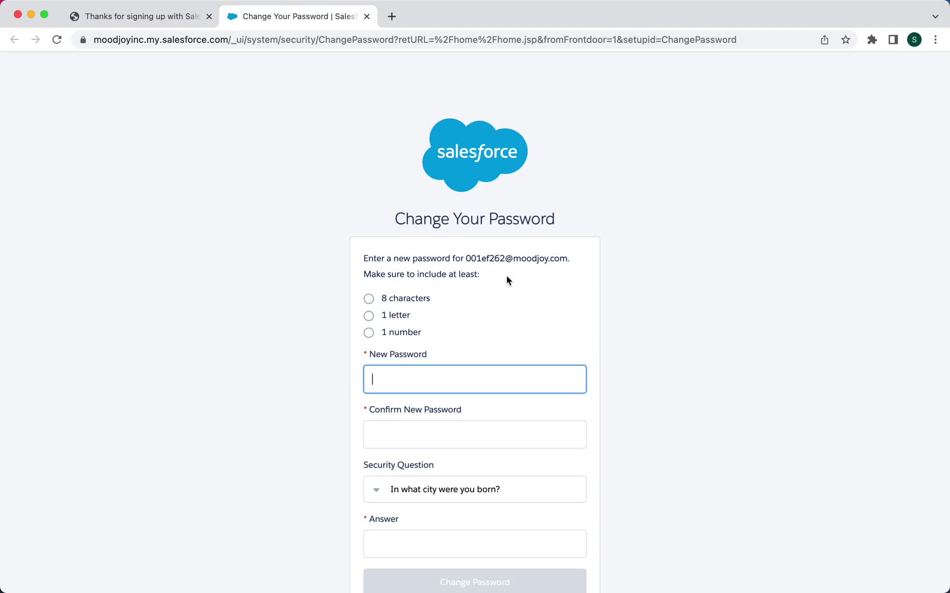 Screenshot of Change password on Accepting an invite on Salesforce user flow