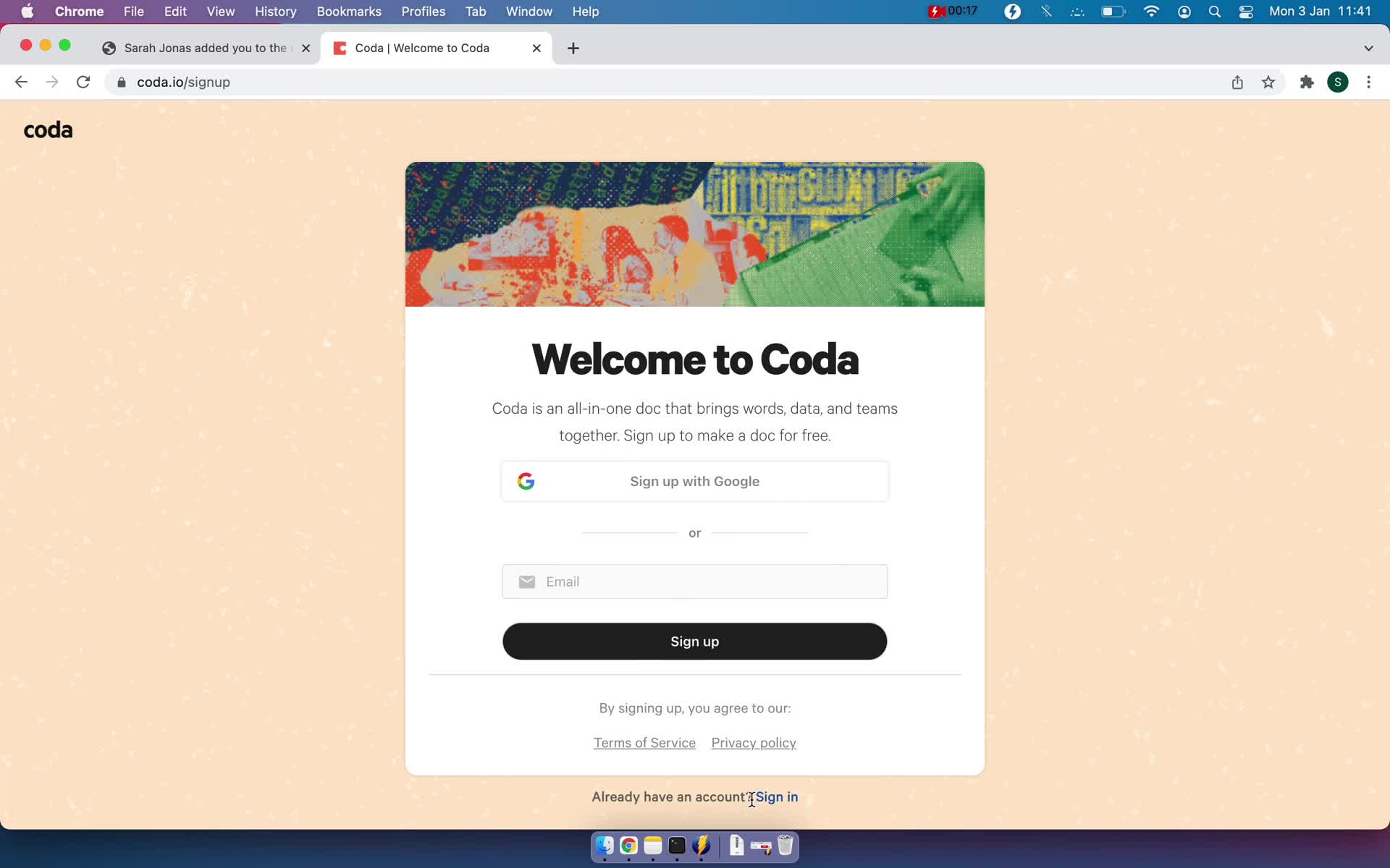 Screenshot of Sign up on Accepting an invite on Coda user flow