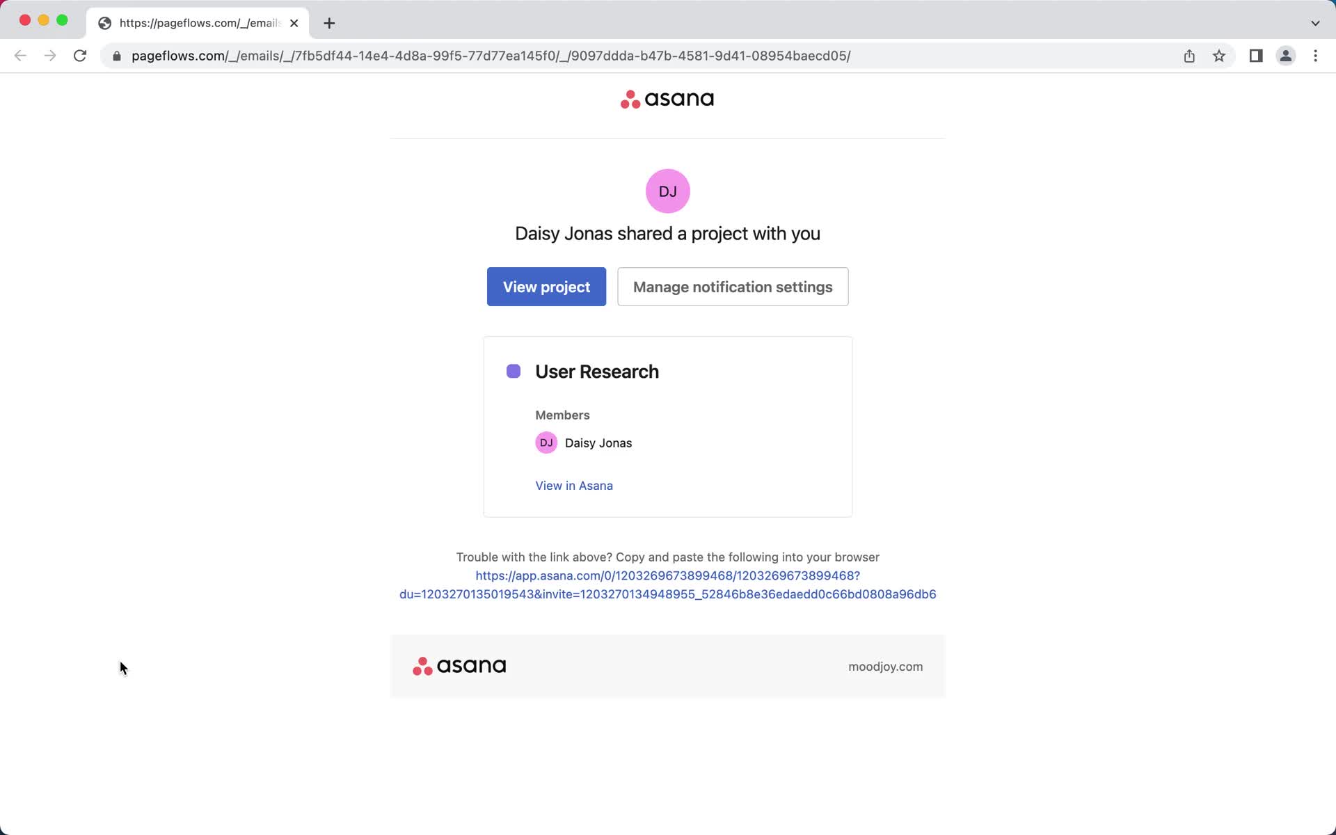 Screenshot of Invite email on Accepting an invite on Asana user flow