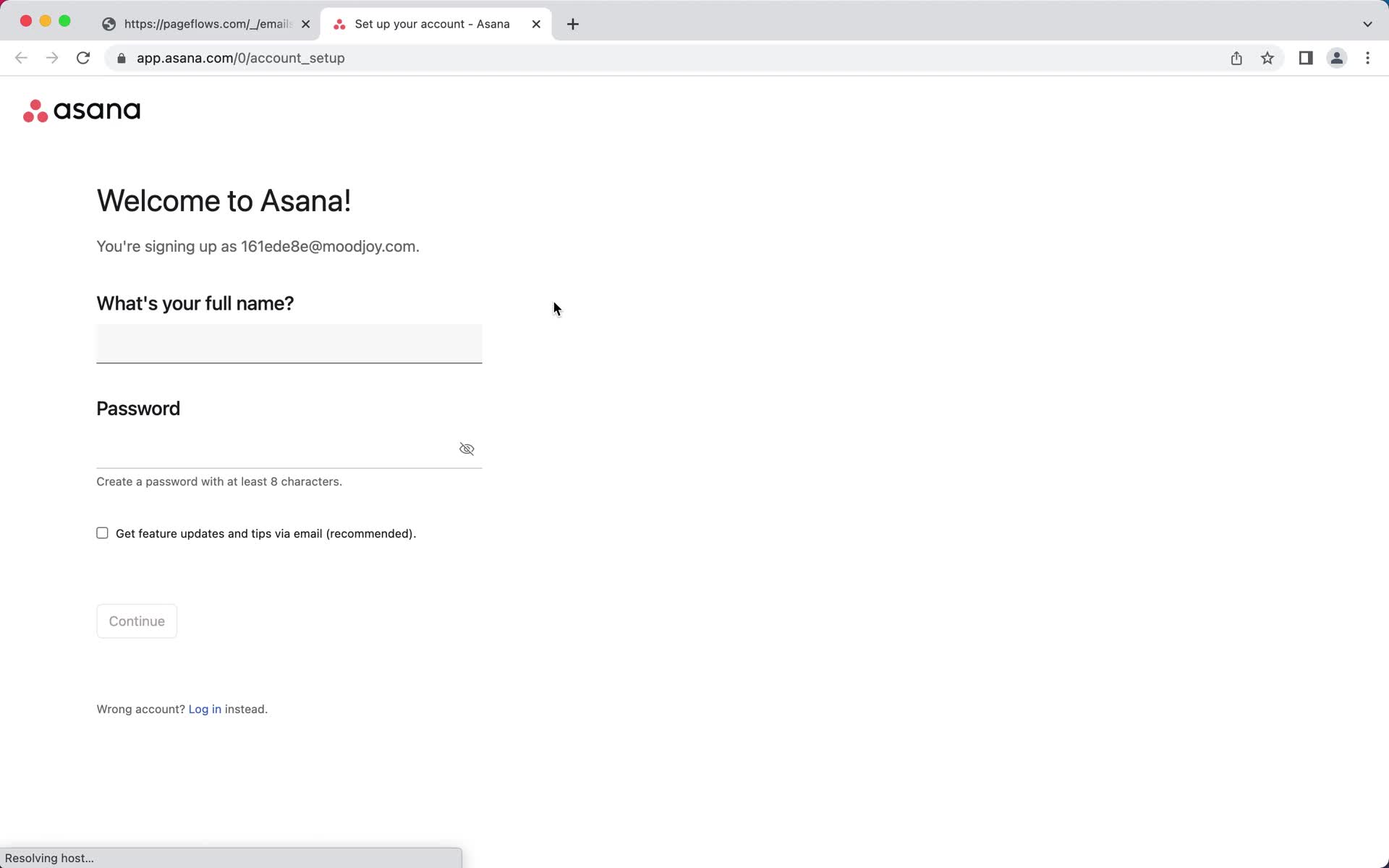 Screenshot of Sign up on Accepting an invite on Asana user flow