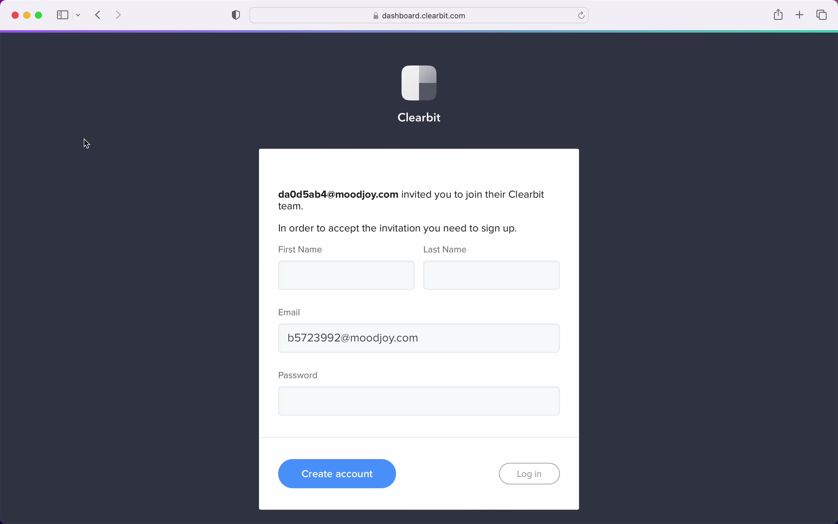 Screenshot of Sign up on Accepting an invite on Clearbit user flow