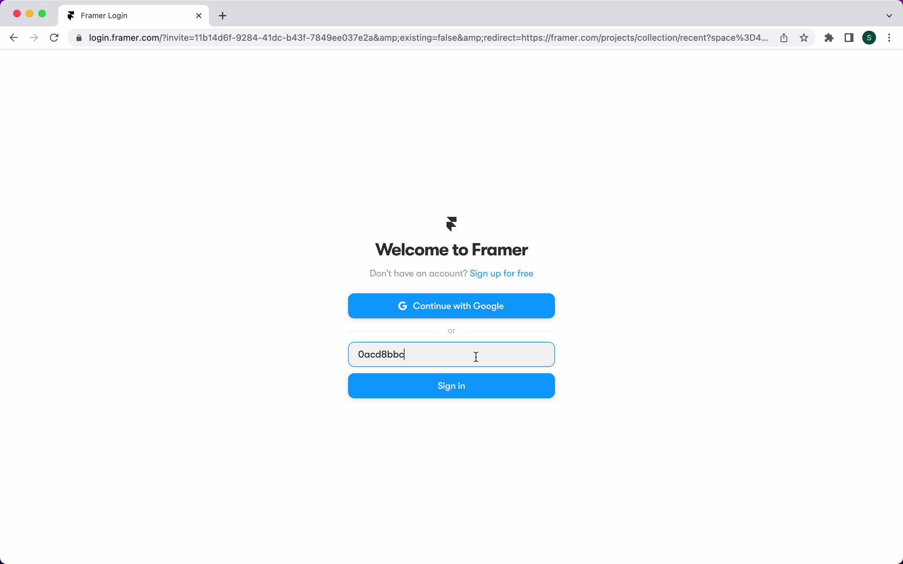 Screenshot of Sign up with email on Accepting an invite on Framer user flow