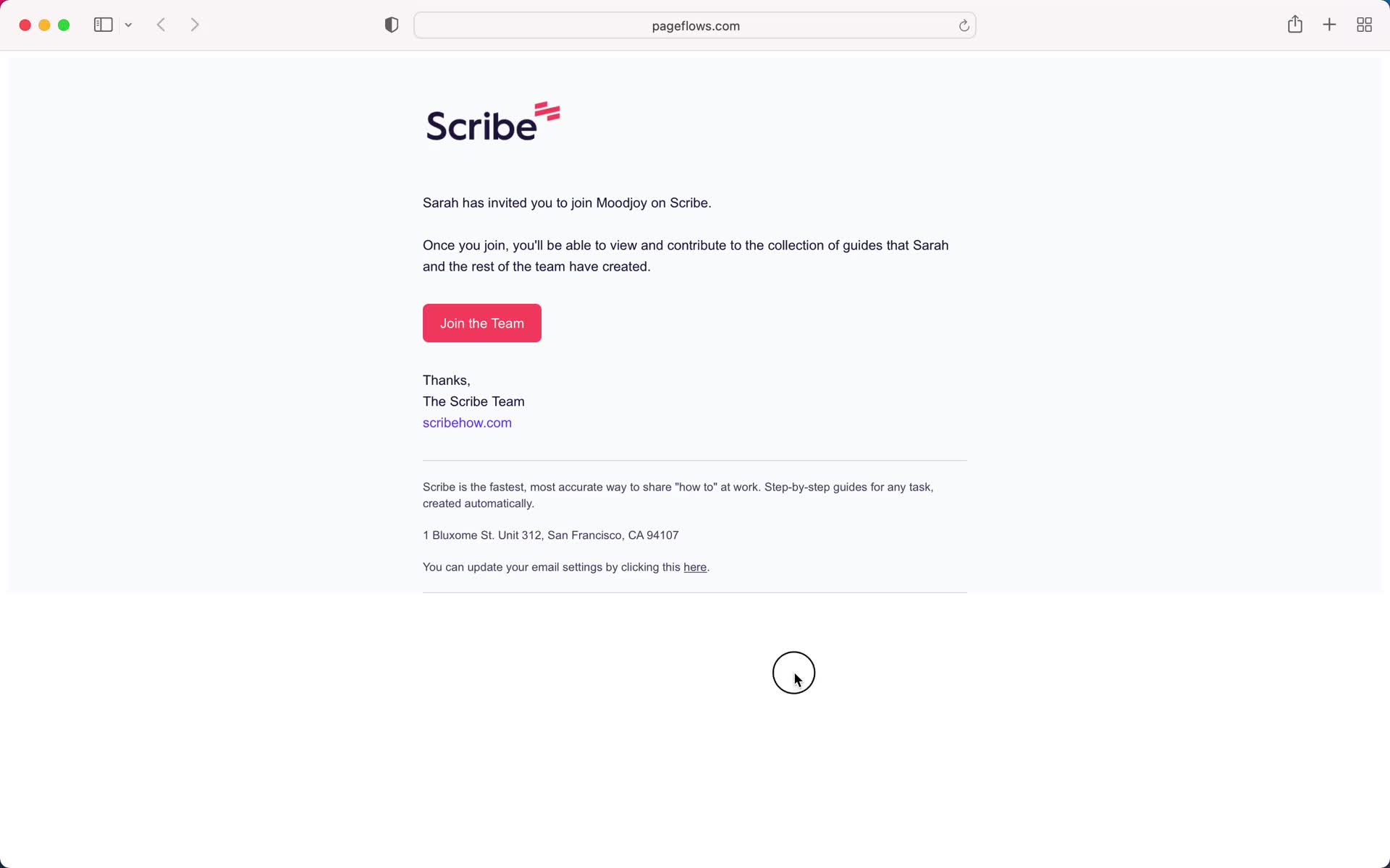 Screenshot of Invite email on Accepting an invite on Scribe user flow