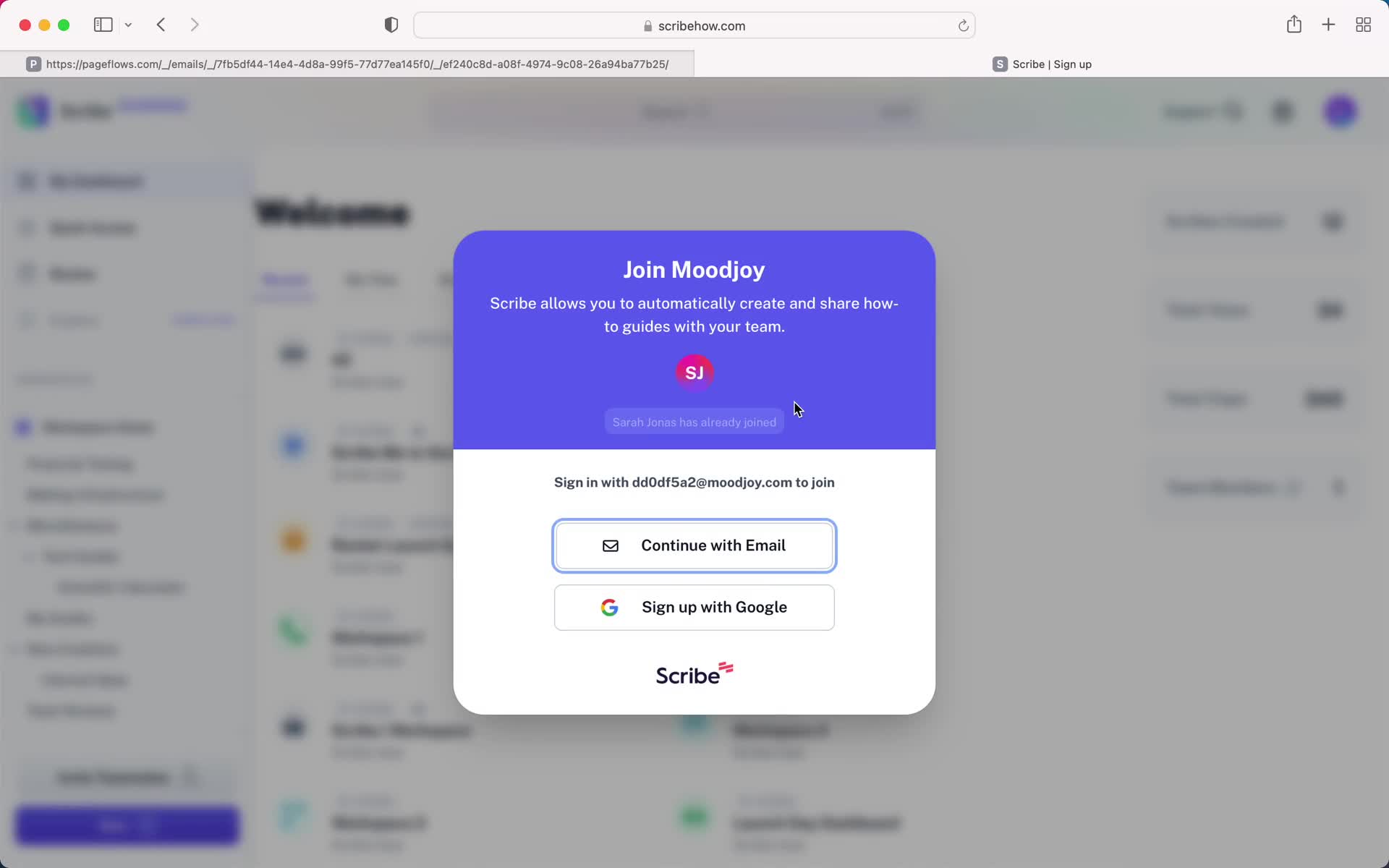 Screenshot of Sign up on Accepting an invite on Scribe user flow