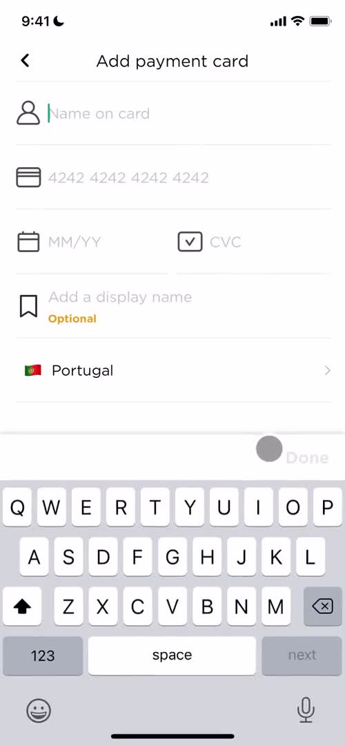 Adding payment details screenshot