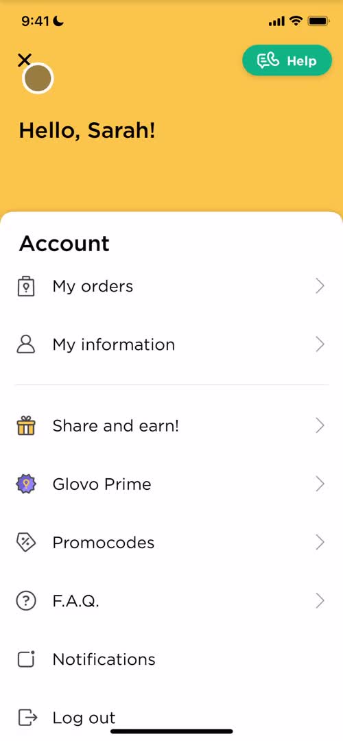 Screenshot of Account menu on Adding payment details on Glovo user flow