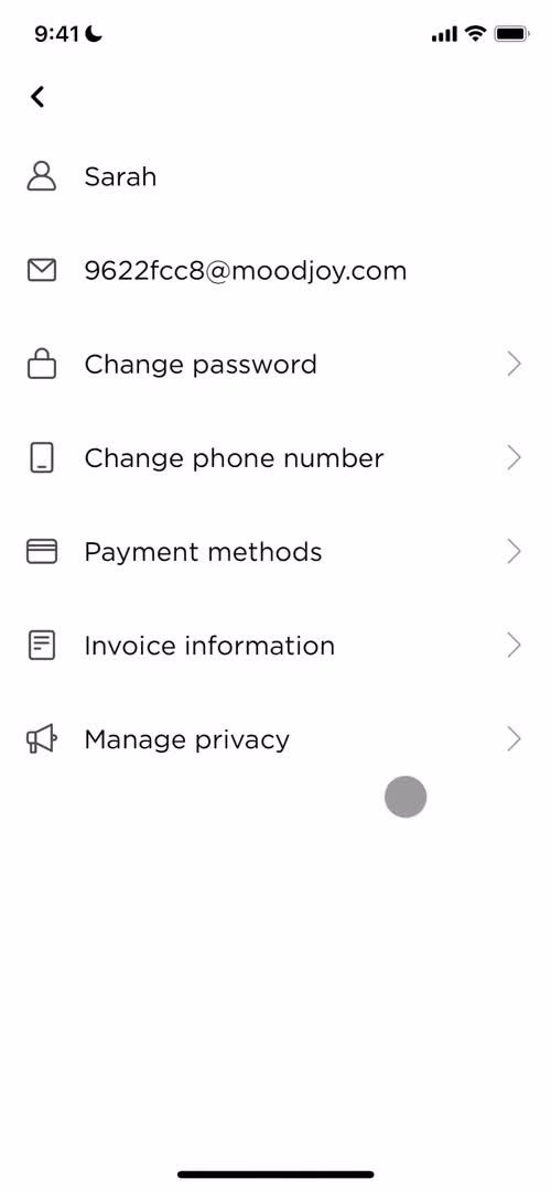 Screenshot of Account settings on Adding payment details on Glovo user flow