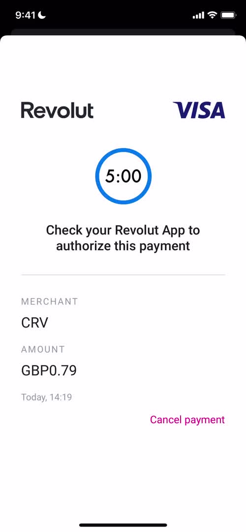 Screenshot of Authorize payment on Adding payment details on Curve user flow