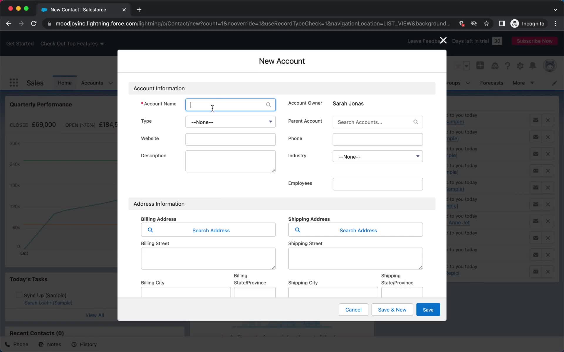 Screenshot of Add account on Adding a contact on Salesforce user flow