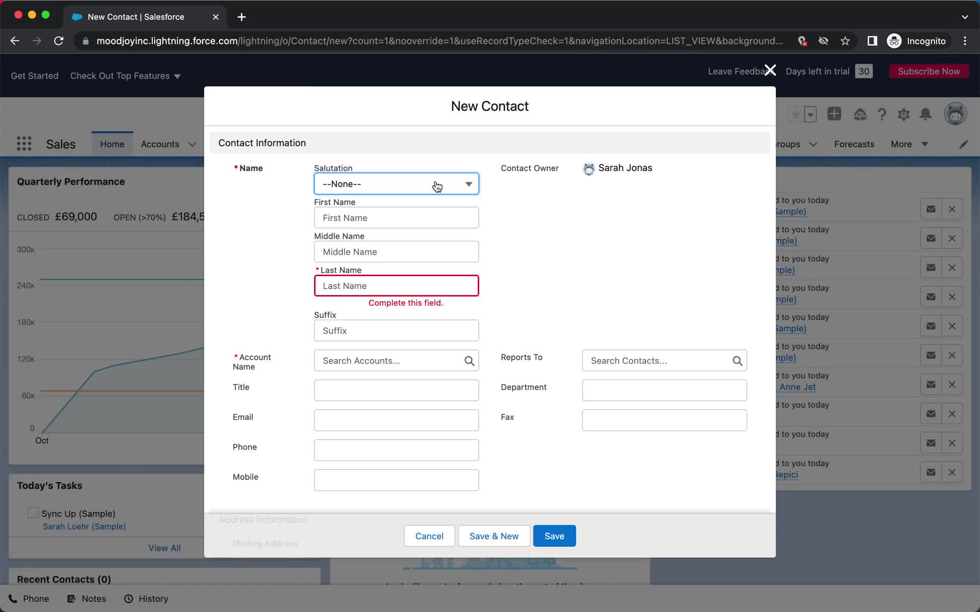 Screenshot of Add contact on Adding a contact on Salesforce user flow