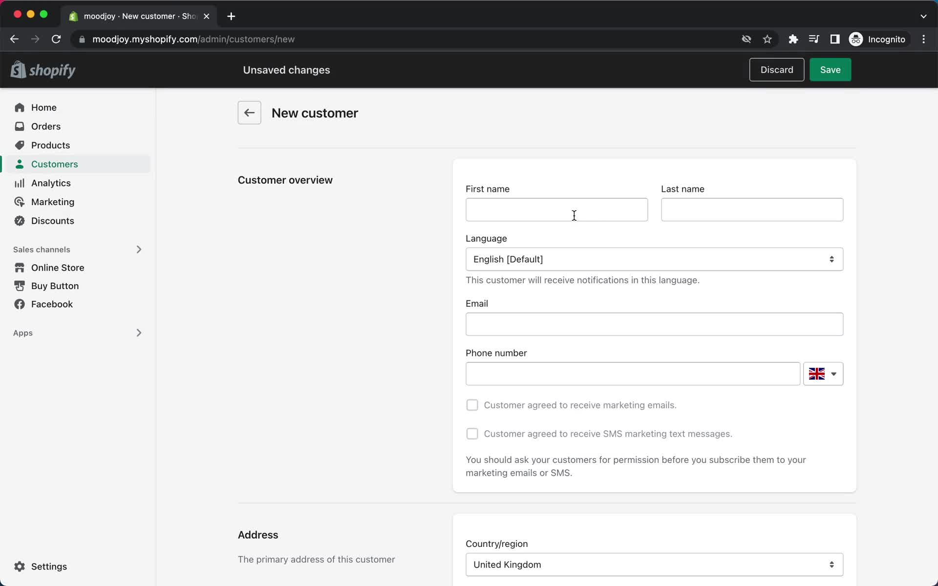Screenshot of Add customer on Adding a contact on Shopify user flow