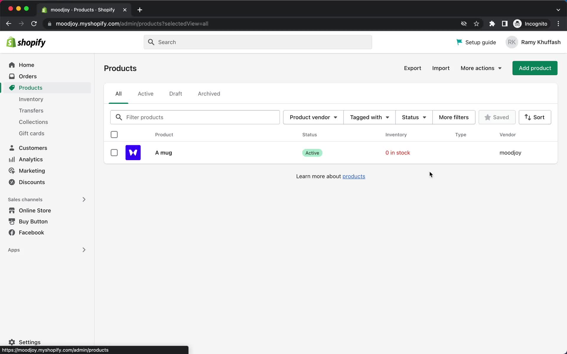 Screenshot of Products on Adding a product on Shopify user flow