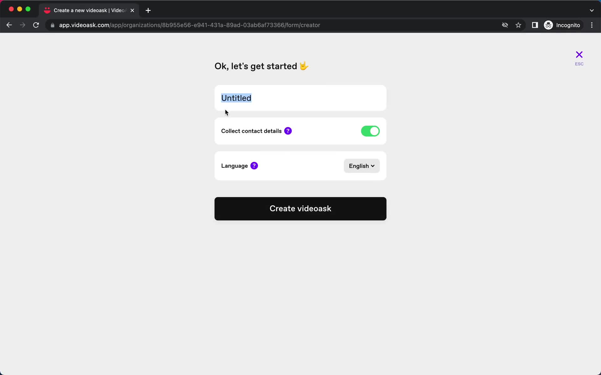 Screenshot of Create video on Creating a video on VideoAsk user flow