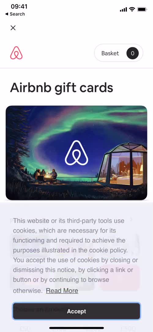 Screenshot of Accept cookie policy on Buying a gift card on Airbnb user flow