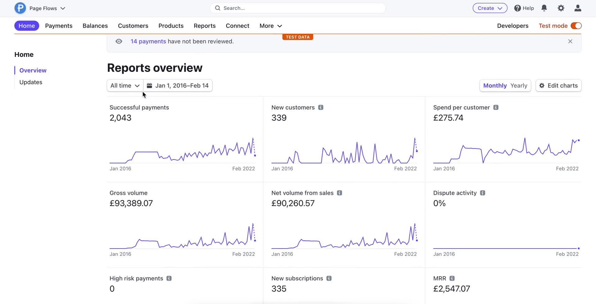 Screenshot of Reports overview on Analytics/Stats on Stripe user flow