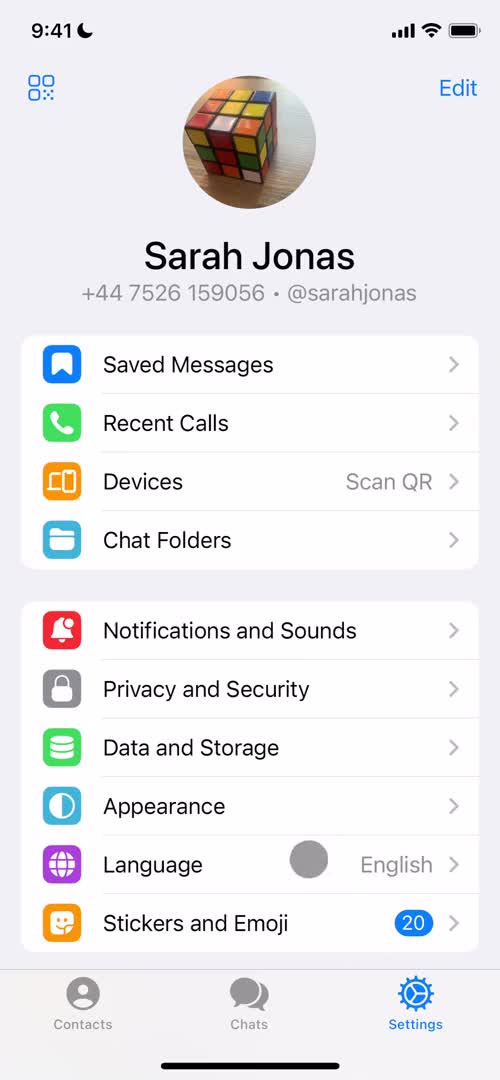 Screenshot of Settings on Customization settings on Telegram user flow