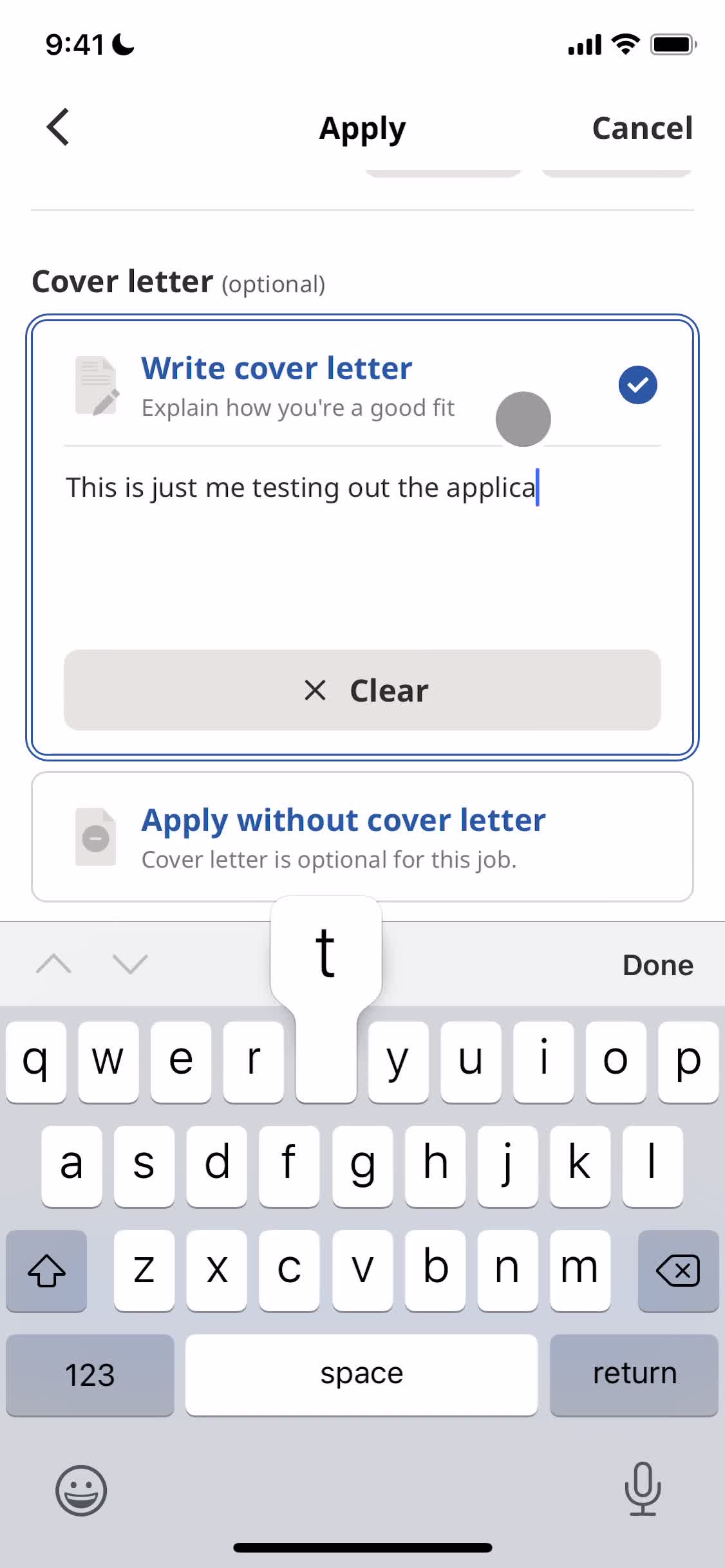 Applying as a candidate screenshot