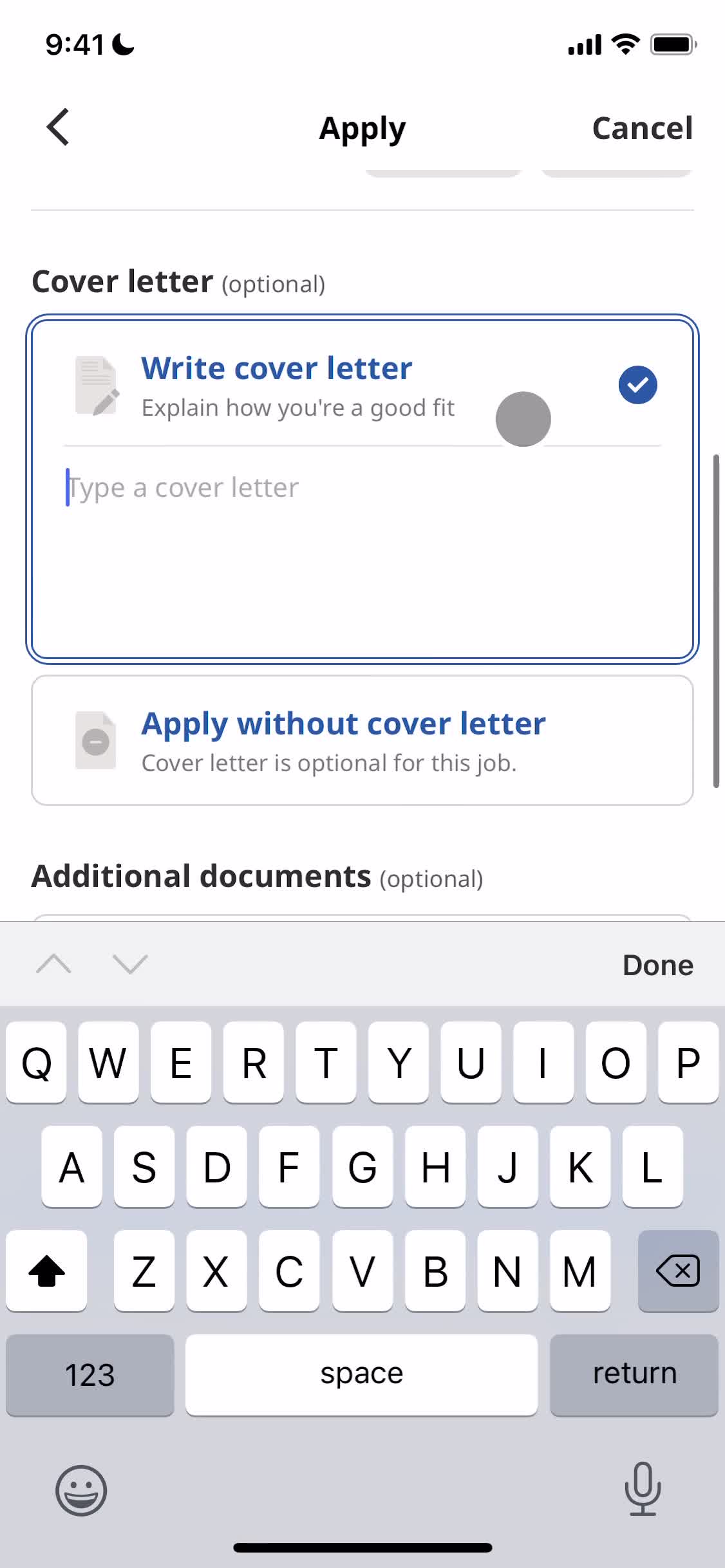 Applying as a candidate screenshot