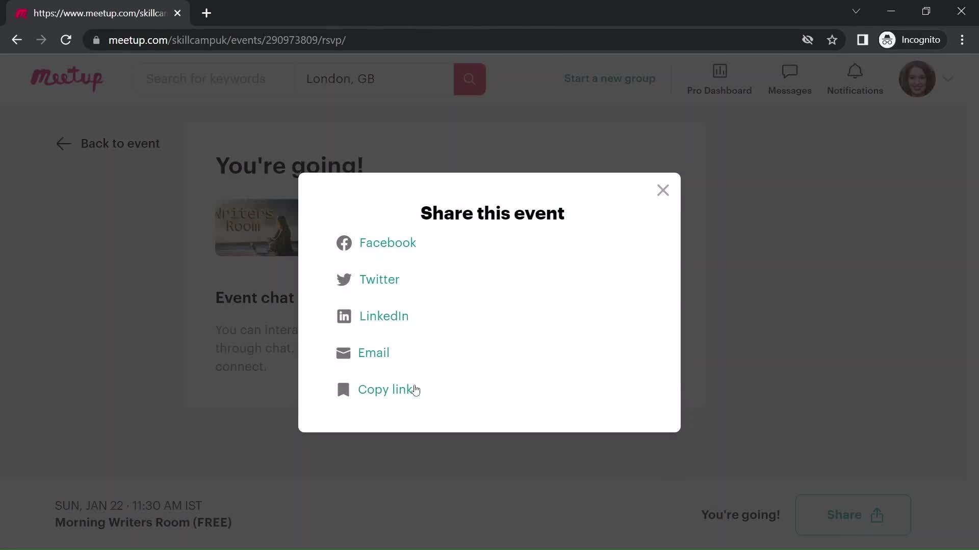 Attending an event screenshot