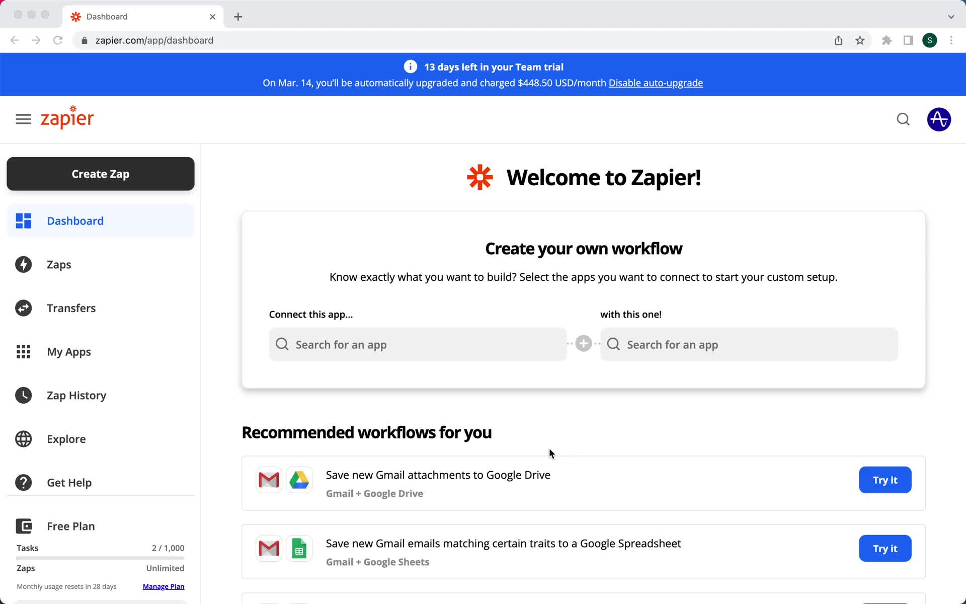 Screenshot of Dashboard on Creating an automation workflow on Zapier user flow