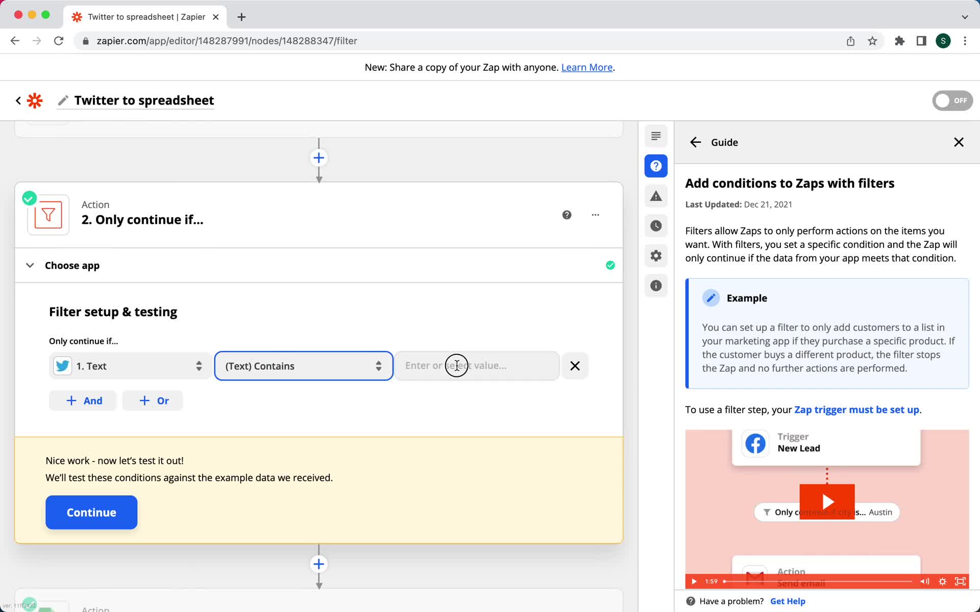 Creating an automation workflow screenshot