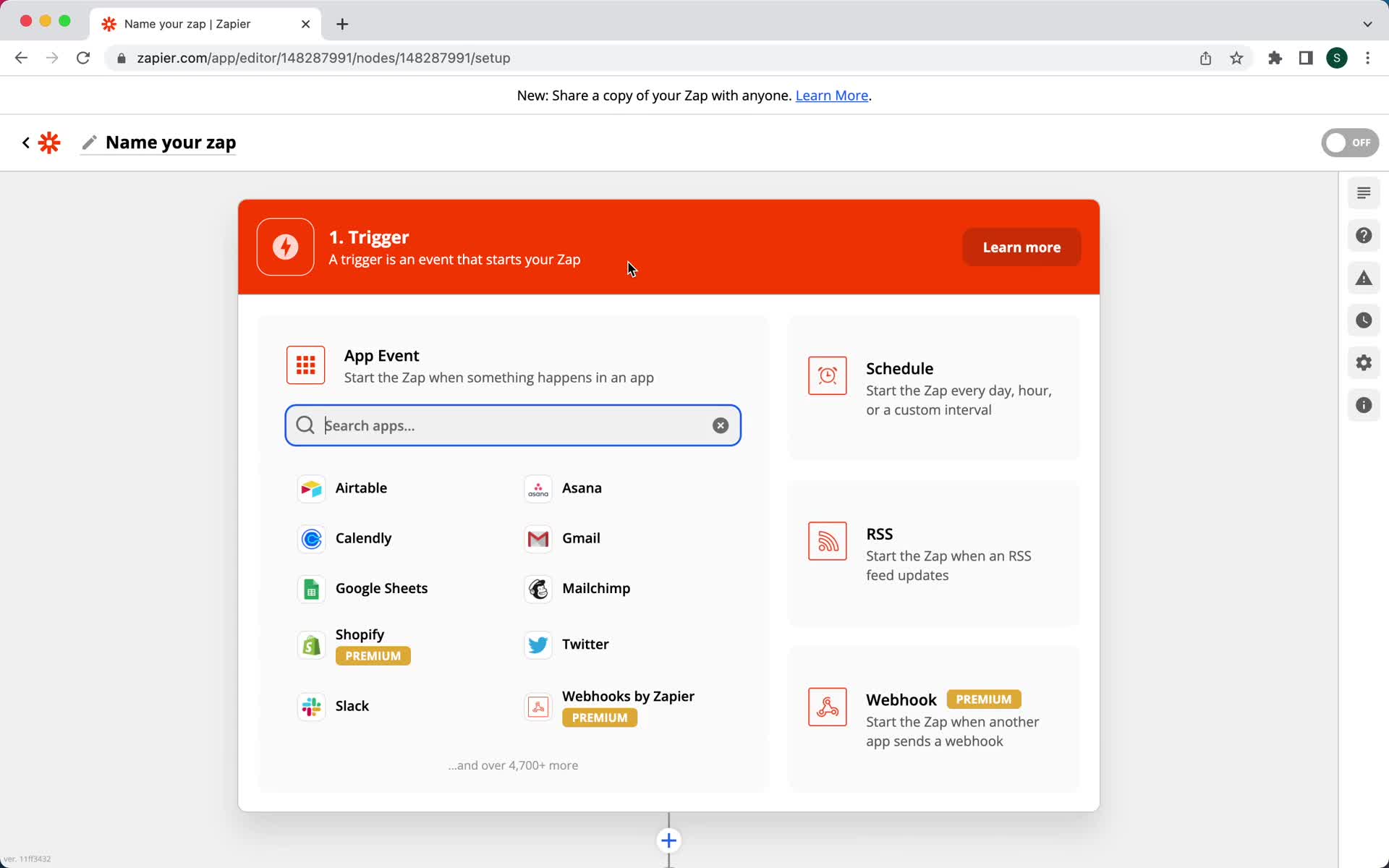 Screenshot of Choose trigger on Creating an automation workflow on Zapier user flow