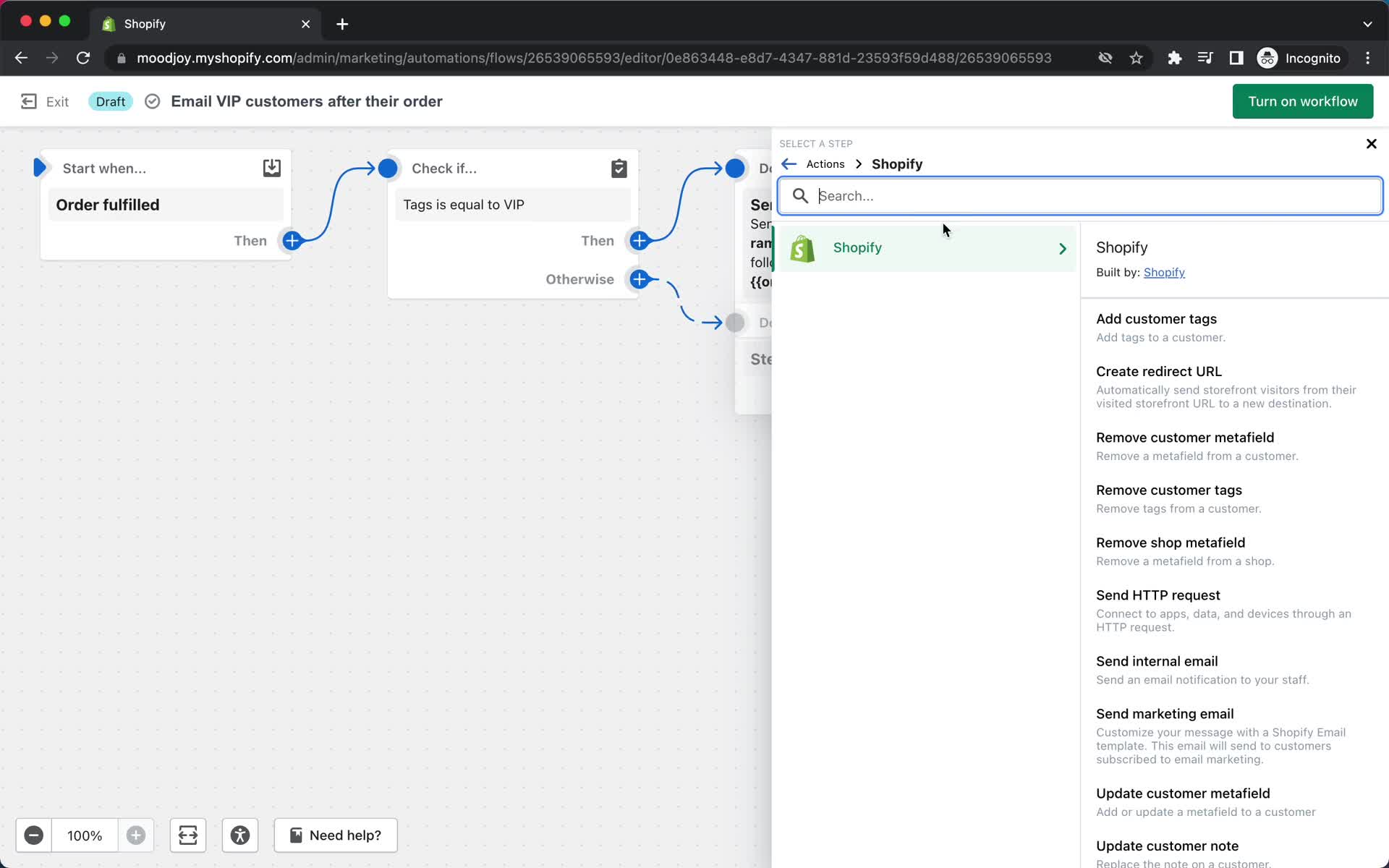 Creating an automation workflow screenshot