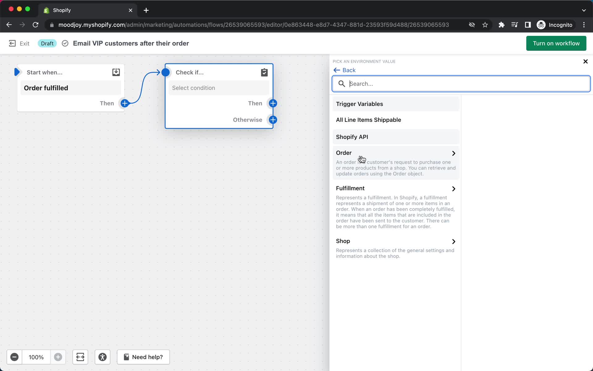 Creating an automation workflow screenshot