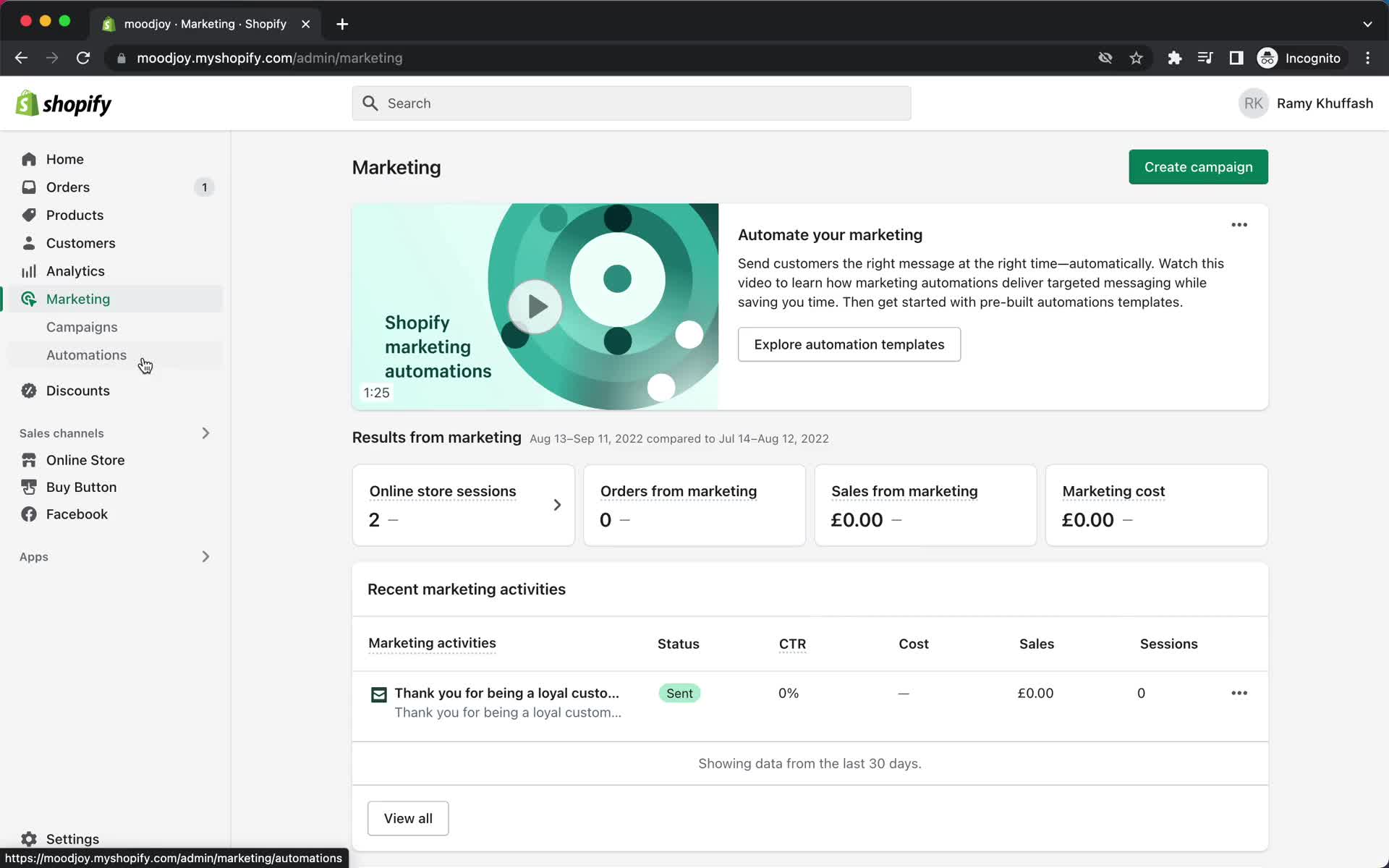 Screenshot of Marketing on Creating an automation workflow on Shopify user flow