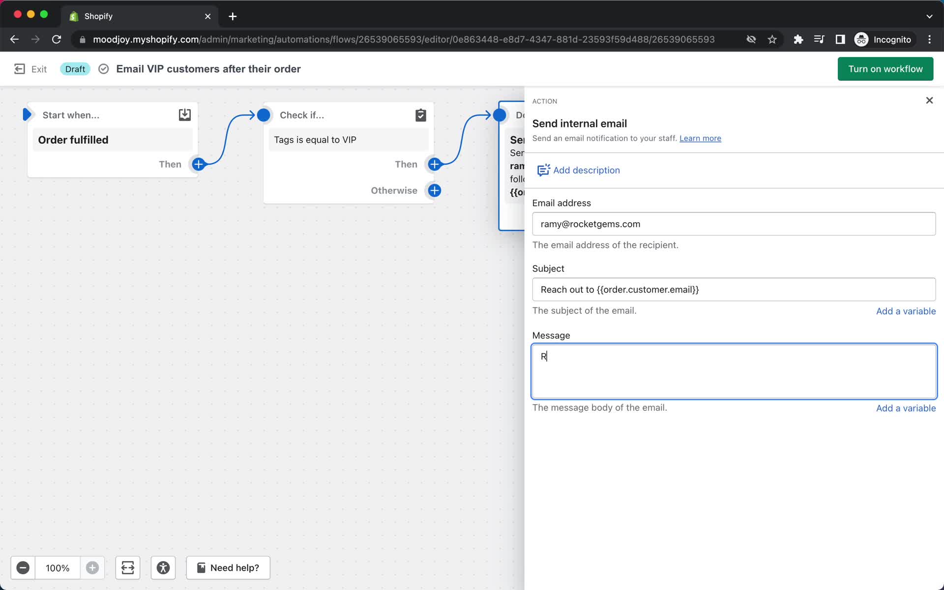 Creating an automation workflow screenshot