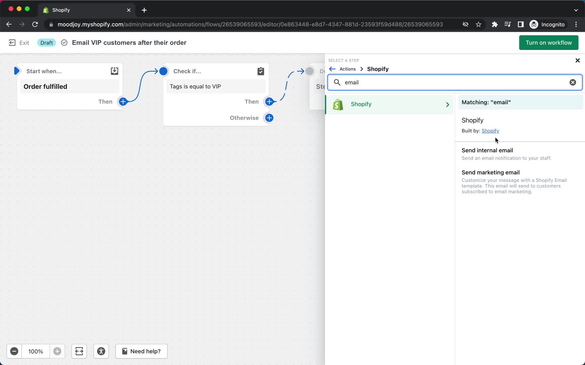 Creating an automation workflow screenshot