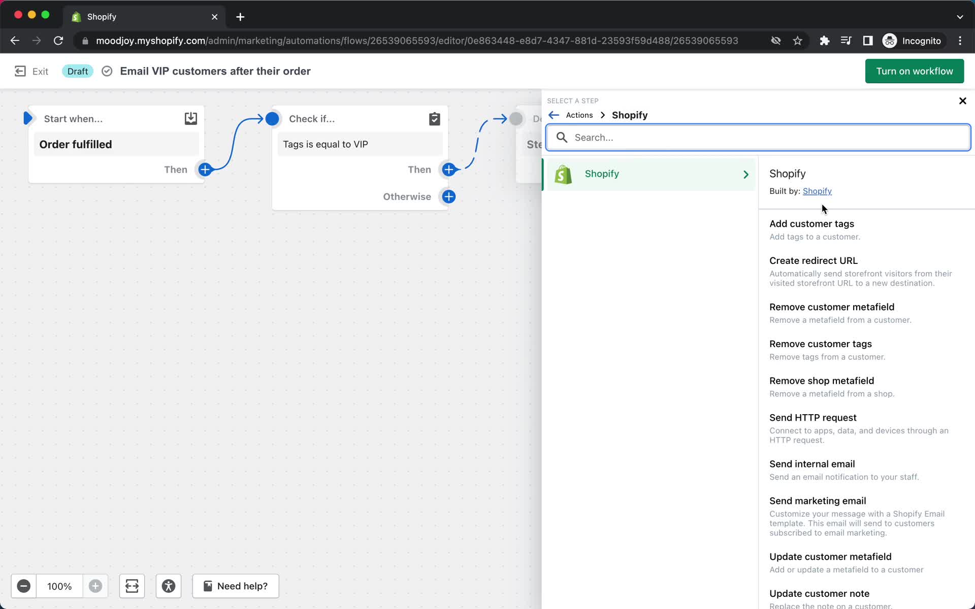 Creating an automation workflow screenshot