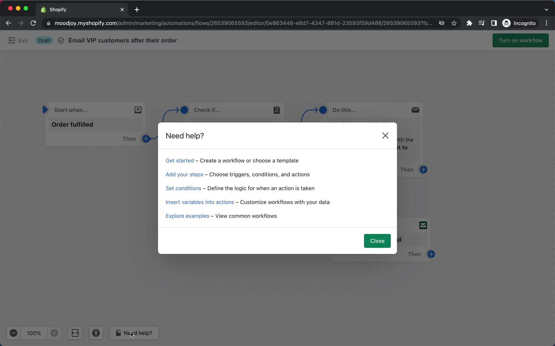 Creating an automation workflow screenshot