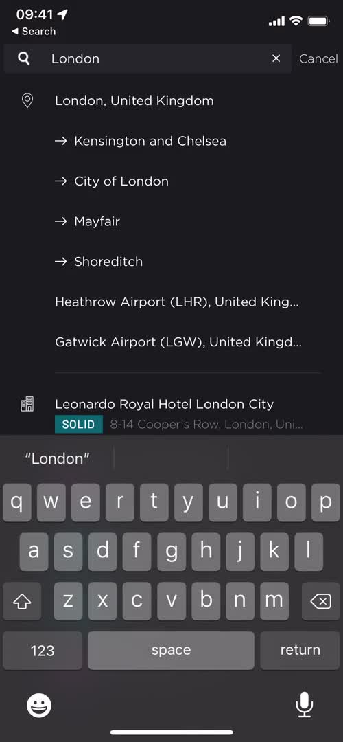 Screenshot of Search on Booking a room on HotelTonight user flow