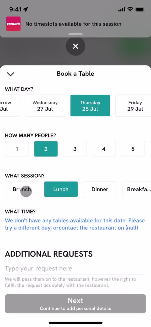 Booking a table screenshot