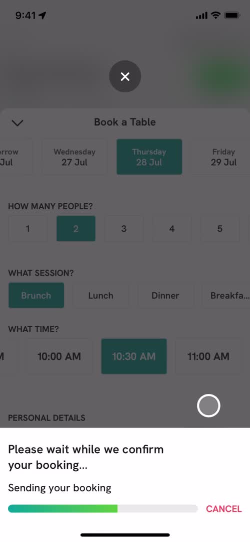 Booking a table screenshot